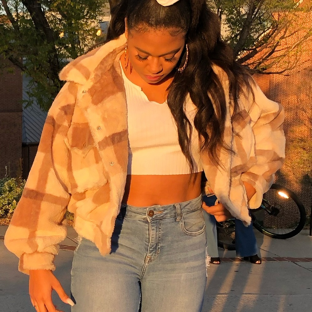 Brown plaid teddy crop jacket